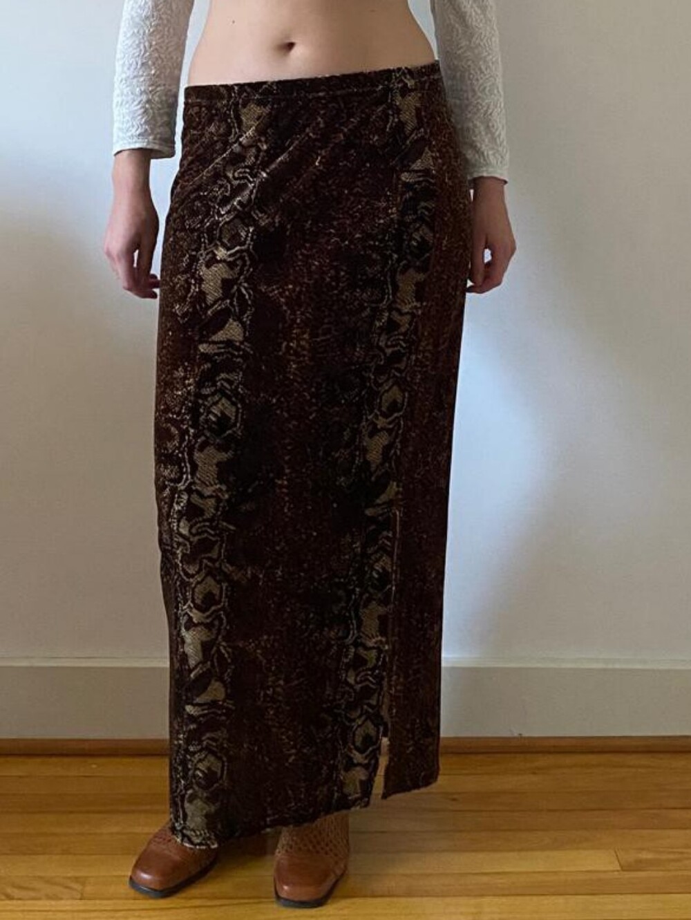 Vintage Snake Skin Print Velvet Maxi Skirt Goth Grunge Emo 90s